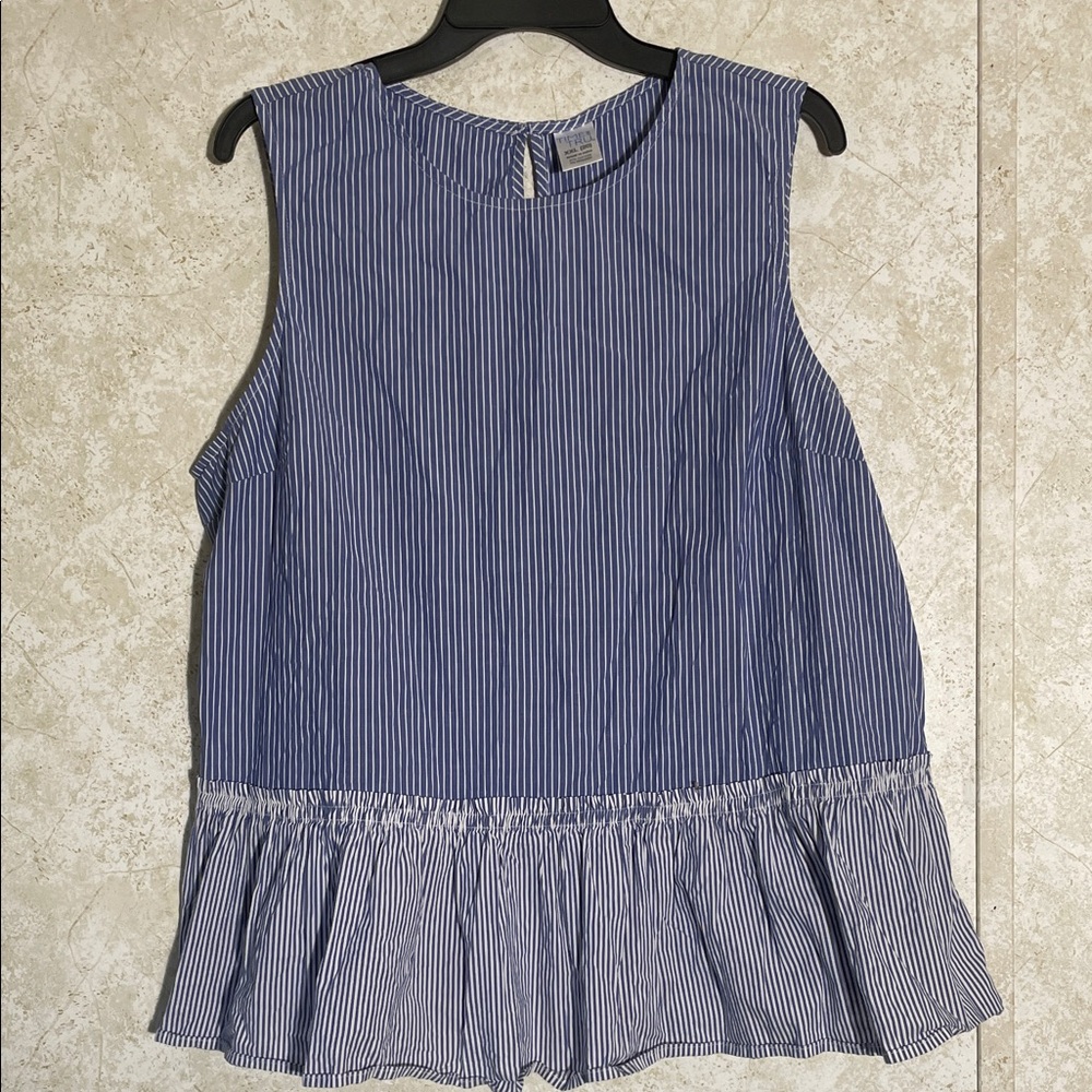 Time and Tru Blue & White Striped Sleeveless Ruffled Hem  Top
